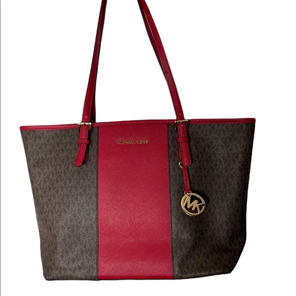 Michael Kors Jet Set Travel Medium Carryall Tote Brown MK Signature Scarlet Red - Picture 2 of 12